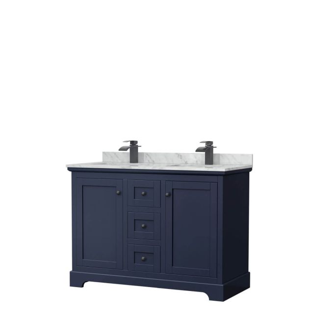 Wyndham Collection Avery 48 inch Double Bathroom Vanity in Dark Blue with White Carrara Marble Countertop, Undermount Square Sinks and Matte Black Trim WCV232348DBBCMUNSMXX