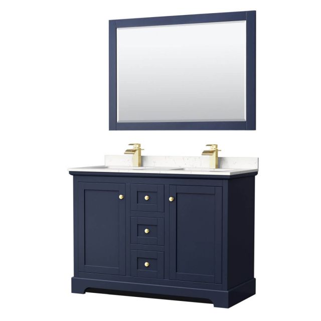Wyndham Collection Avery 48 inch Double Bathroom Vanity in Dark Blue with Light-Vein Carrara Cultured Marble Countertop, Undermount Square Sinks and 46 inch Mirror - WCV232348DBLC2UNSM46