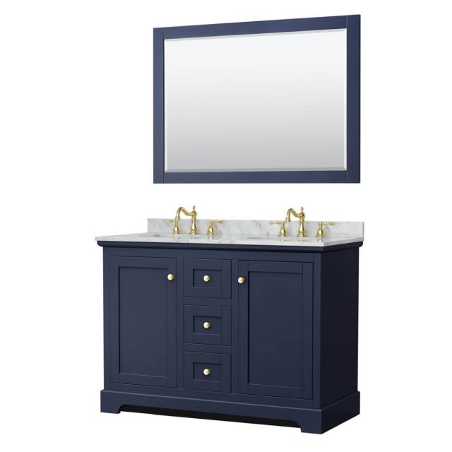 Wyndham Collection Avery 48 inch Double Bathroom Vanity in Dark Blue with White Carrara Marble Countertop, Undermount Oval Sinks and 46 inch Mirror - WCV232348DBLCMUNOM46