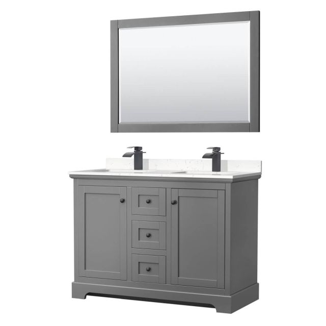 Wyndham Collection Avery 48 inch Double Bathroom Vanity in Dark Gray with Light-Vein Carrara Cultured Marble Countertop, Undermount Square Sinks, Matte Black Trim and 46 Inch Mirror WCV232348DGBC2UNSM46