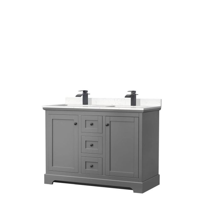 Wyndham Collection Avery 48 inch Double Bathroom Vanity in Dark Gray with Light-Vein Carrara Cultured Marble Countertop, Undermount Square Sinks and Matte Black Trim WCV232348DGBC2UNSMXX