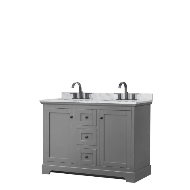 Wyndham Collection Avery 48 inch Double Bathroom Vanity in Dark Gray with White Carrara Marble Countertop, Undermount Oval Sinks and Matte Black Trim WCV232348DGBCMUNOMXX