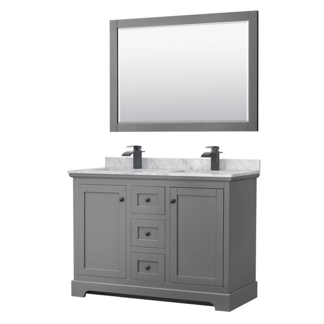 Wyndham Collection Avery 48 inch Double Bathroom Vanity in Dark Gray with White Carrara Marble Countertop, Undermount Square Sinks, Matte Black Trim and 46 Inch Mirror WCV232348DGBCMUNSM46