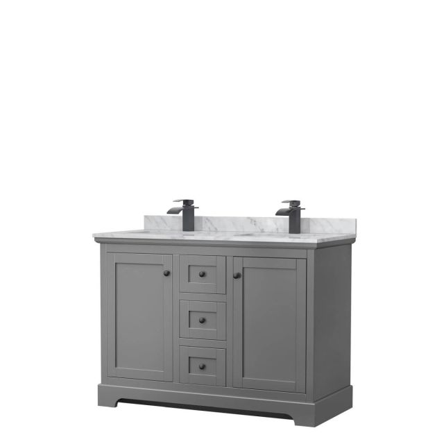 Wyndham Collection Avery 48 inch Double Bathroom Vanity in Dark Gray with White Carrara Marble Countertop, Undermount Square Sinks and Matte Black Trim WCV232348DGBCMUNSMXX