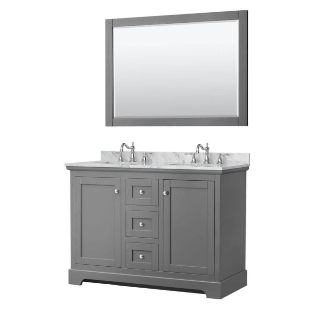 Wyndham Collection Avery 48 inch Double Bathroom Vanity in Dark Gray with White Carrara Marble Countertop, Undermount Oval Sinks and 46 inch Mirror - WCV232348DKGCMUNOM46