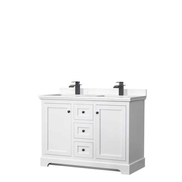 Wyndham Collection Avery 48 inch Double Bathroom Vanity in White with Light-Vein Carrara Cultured Marble Countertop, Undermount Square Sinks and Matte Black Trim WCV232348DWBC2UNSMXX