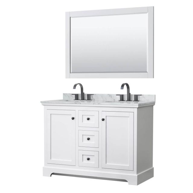 Wyndham Collection Avery 48 inch Double Bathroom Vanity in White with White Carrara Marble Countertop, Undermount Oval Sinks, Matte Black Trim and 46 Inch Mirror WCV232348DWBCMUNOM46