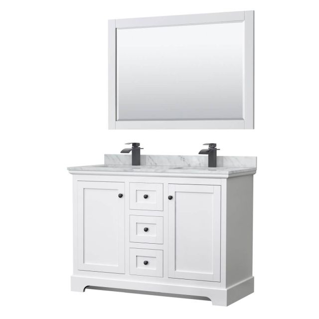 Wyndham Collection Avery 48 inch Double Bathroom Vanity in White with White Carrara Marble Countertop, Undermount Square Sinks, Matte Black Trim and 46 Inch Mirror WCV232348DWBCMUNSM46
