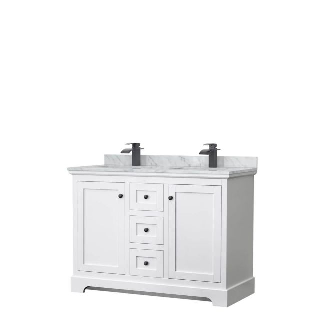 Wyndham Collection Avery 48 inch Double Bathroom Vanity in White with White Carrara Marble Countertop, Undermount Square Sinks and Matte Black Trim WCV232348DWBCMUNSMXX