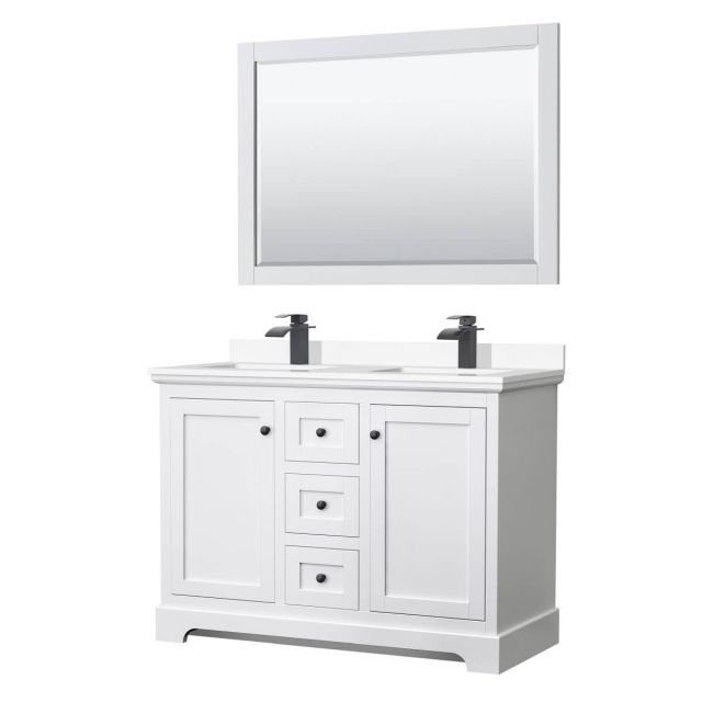 Wyndham Collection Avery 48 inch Double Bathroom Vanity in White with White Cultured Marble Countertop, Undermount Square Sinks, Matte Black Trim and 46 Inch Mirror WCV232348DWBWCUNSM46