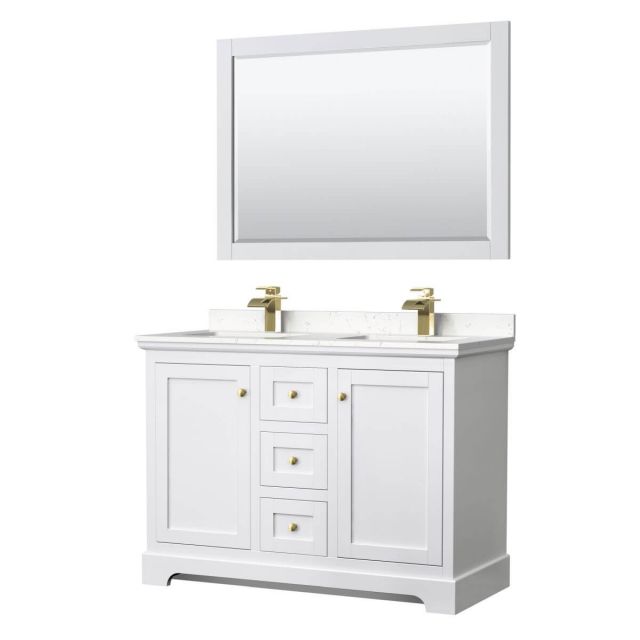 Wyndham Collection Avery 48 inch Double Bathroom Vanity in White with Light-Vein Carrara Cultured Marble Countertop, Undermount Square Sinks, 46 inch Mirror and Brushed Gold Trim - WCV232348DWGC2UNSM46