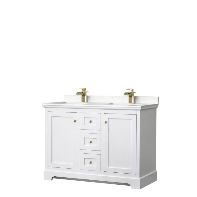 Wyndham Collection Avery 48 inch Double Bathroom Vanity in White with Light-Vein Carrara Cultured Marble Countertop, Undermount Square Sinks and Brushed Gold Trim - WCV232348DWGC2UNSMXX