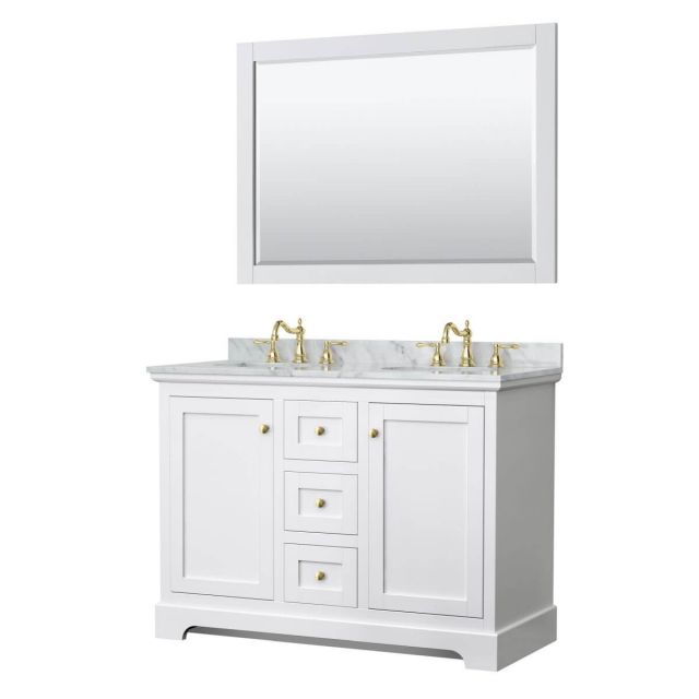 Wyndham Collection Avery 48 inch Double Bathroom Vanity in White with White Carrara Marble Countertop, Undermount Oval Sinks, 46 inch Mirror and Brushed Gold Trim - WCV232348DWGCMUNOM46