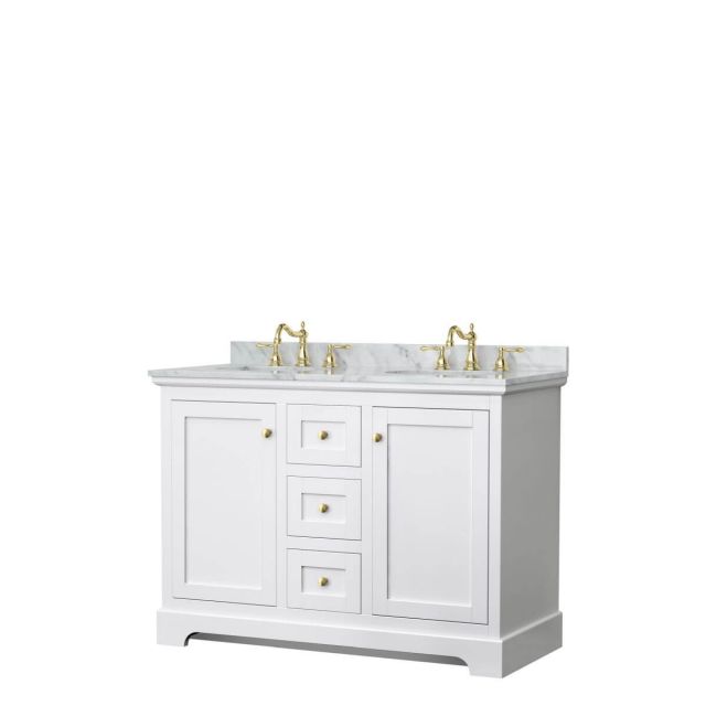 Wyndham Collection Avery 48 inch Double Bathroom Vanity in White with White Carrara Marble Countertop, Undermount Oval Sinks and Brushed Gold Trim - WCV232348DWGCMUNOMXX