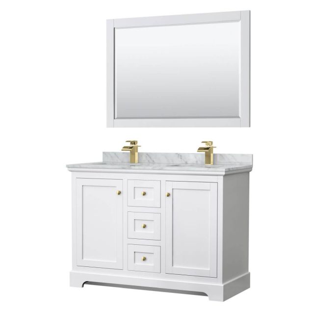 Wyndham Collection Avery 48 inch Double Bathroom Vanity in White with White Carrara Marble Countertop, Undermount Square Sinks, 46 inch Mirror and Brushed Gold Trim - WCV232348DWGCMUNSM46