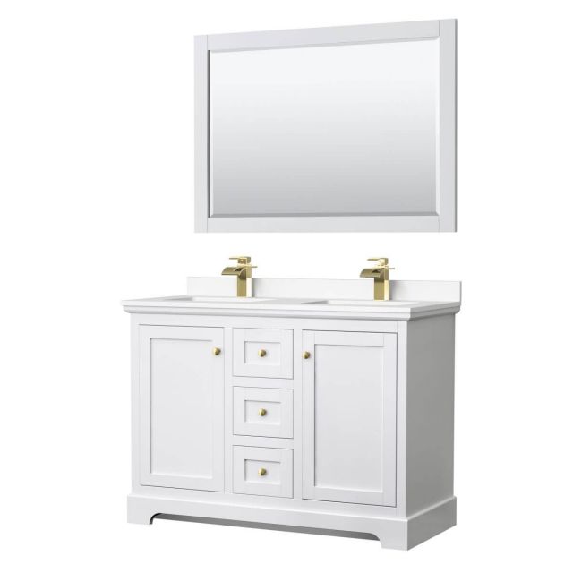 Wyndham Collection Avery 48 inch Double Bathroom Vanity in White with White Cultured Marble Countertop, Undermount Square Sinks, 46 inch Mirror and Brushed Gold Trim - WCV232348DWGWCUNSM46