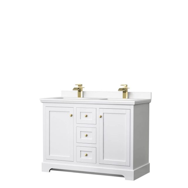 Wyndham Collection Avery 48 inch Double Bathroom Vanity in White with White Cultured Marble Countertop, Undermount Square Sinks and Brushed Gold Trim - WCV232348DWGWCUNSMXX