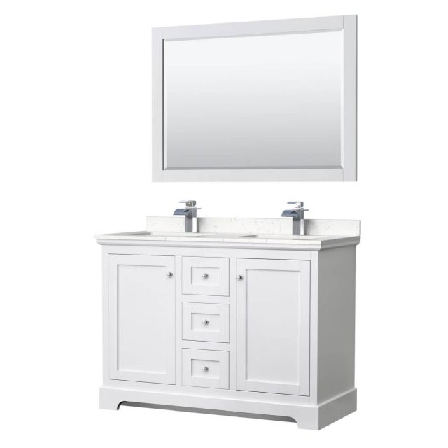 Wyndham Collection Avery 48 inch Double Bathroom Vanity in White with Light-Vein Carrara Cultured Marble Countertop, Undermount Square Sinks and 46 inch Mirror - WCV232348DWHC2UNSM46