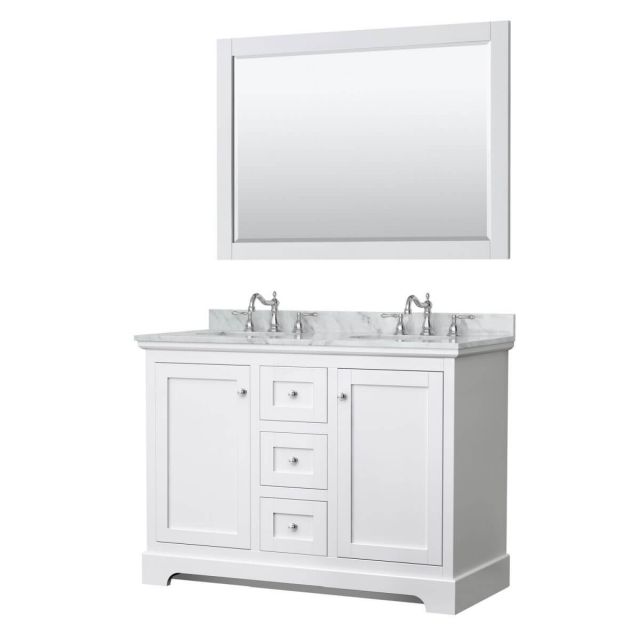 Wyndham Collection Avery 48 inch Double Bathroom Vanity in White with White Carrara Marble Countertop, Undermount Oval Sinks and 46 inch Mirror - WCV232348DWHCMUNOM46
