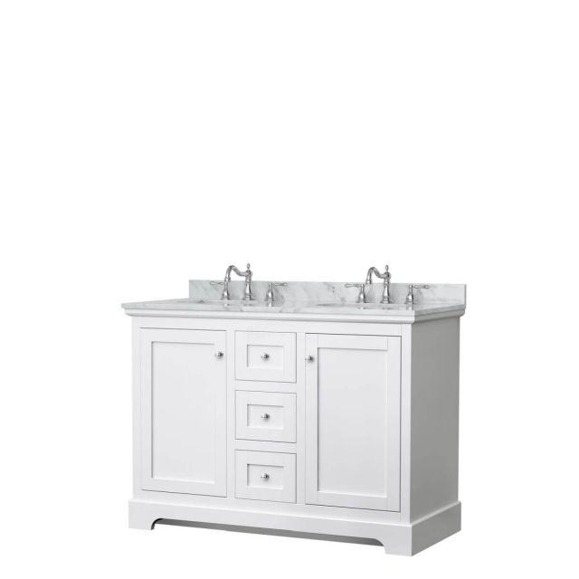Wyndham Collection Avery 48 inch Double Bathroom Vanity in White with White Carrara Marble Countertop, Undermount Oval Sinks and No Mirror - WCV232348DWHCMUNOMXX