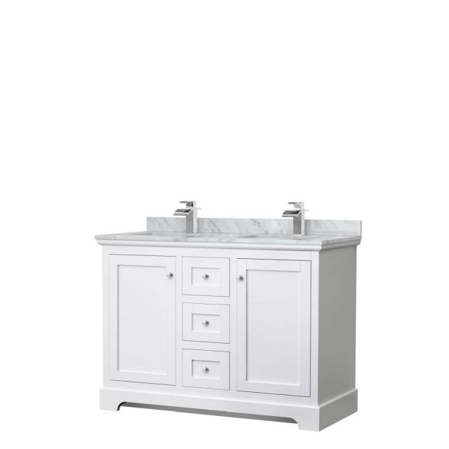 Wyndham Collection Avery 48 inch Double Bathroom Vanity in White with White Carrara Marble Countertop, Undermount Square Sinks and No Mirror - WCV232348DWHCMUNSMXX