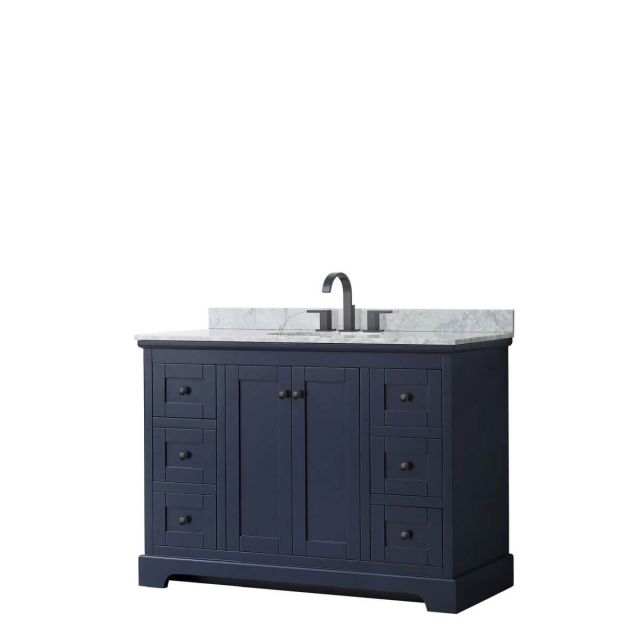 Wyndham Collection Avery 48 inch Single Bathroom Vanity in Dark Blue with White Carrara Marble Countertop, Undermount Oval Sink and Matte Black Trim WCV232348SBBCMUNOMXX