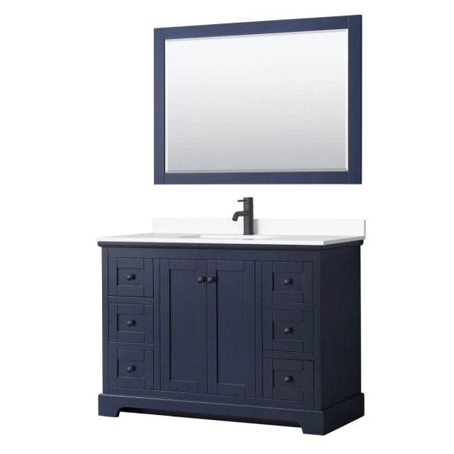 Wyndham Collection Avery 48 inch Single Bathroom Vanity in Dark Blue with White Cultured Marble Countertop, Undermount Square Sink, Matte Black Trim and 46 Inch Mirror WCV232348SBBWCUNSM46
