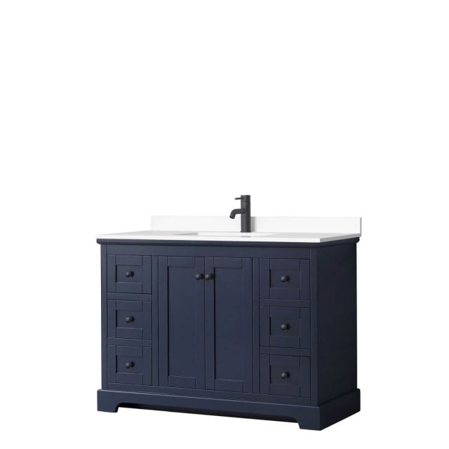 Wyndham Collection Avery 48 inch Single Bathroom Vanity in Dark Blue with White Cultured Marble Countertop, Undermount Square Sink and Matte Black Trim WCV232348SBBWCUNSMXX