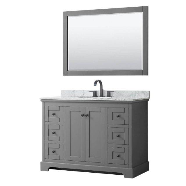 Wyndham Collection Avery 48 inch Single Bathroom Vanity in Dark Gray with White Carrara Marble Countertop, Undermount Oval Sink, Matte Black Trim and 46 Inch Mirror WCV232348SGBCMUNOM46