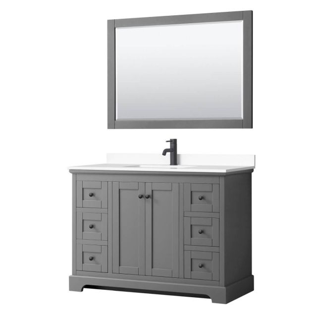 Wyndham Collection Avery 48 inch Single Bathroom Vanity in Dark Gray with White Cultured Marble Countertop, Undermount Square Sink, Matte Black Trim and 46 Inch Mirror WCV232348SGBWCUNSM46