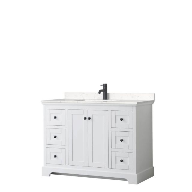Wyndham Collection Avery 48 inch Single Bathroom Vanity in White with Light-Vein Carrara Cultured Marble Countertop, Undermount Square Sink and Matte Black Trim WCV232348SWBC2UNSMXX