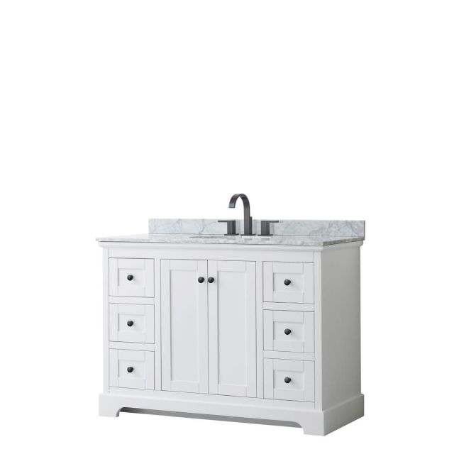 Wyndham Collection Avery 48 inch Single Bathroom Vanity in White with White Carrara Marble Countertop, Undermount Oval Sink and Matte Black Trim WCV232348SWBCMUNOMXX