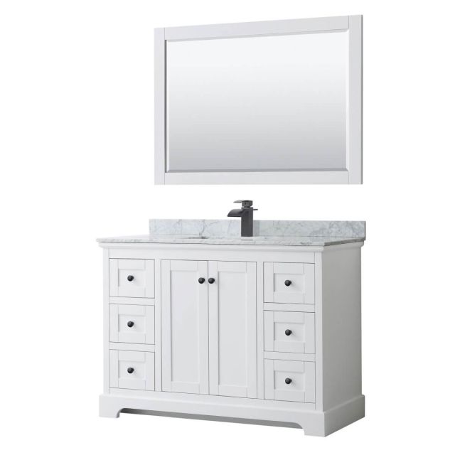 Wyndham Collection Avery 48 inch Single Bathroom Vanity in White with White Carrara Marble Countertop, Undermount Square Sink, Matte Black Trim and 46 Inch Mirror WCV232348SWBCMUNSM46