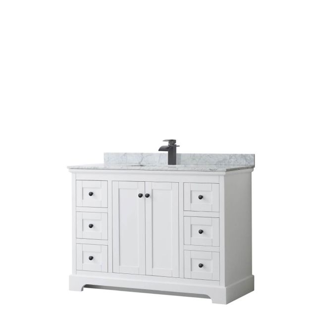 Wyndham Collection Avery 48 inch Single Bathroom Vanity in White with White Carrara Marble Countertop, Undermount Square Sink and Matte Black Trim WCV232348SWBCMUNSMXX
