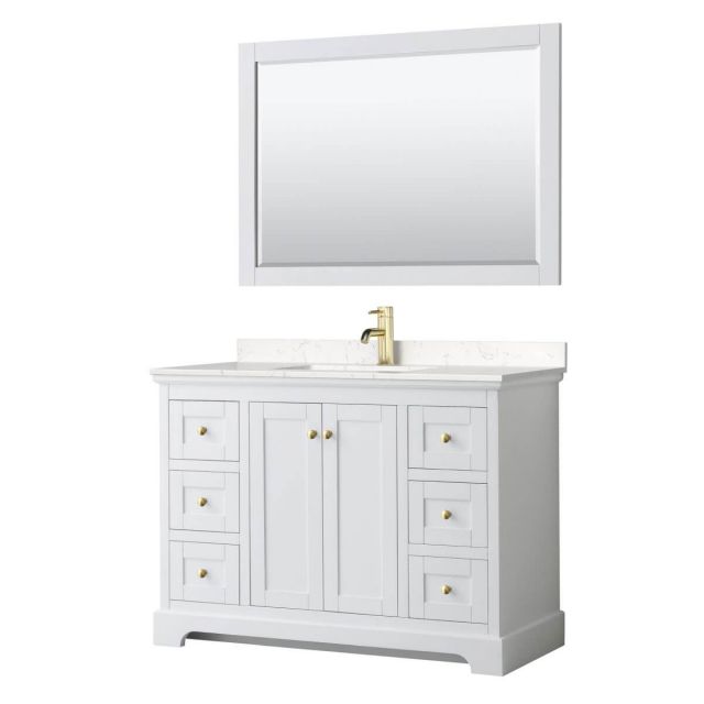Wyndham Collection Avery 48 inch Single Bathroom Vanity in White with Light-Vein Carrara Cultured Marble Countertop, Undermount Square Sink, 46 inch Mirror and Brushed Gold Trim - WCV232348SWGC2UNSM46