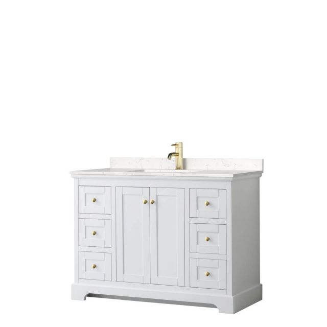 Wyndham Collection Avery 48 inch Single Bathroom Vanity in White with Light-Vein Carrara Cultured Marble Countertop, Undermount Square Sink and Brushed Gold Trim - WCV232348SWGC2UNSMXX