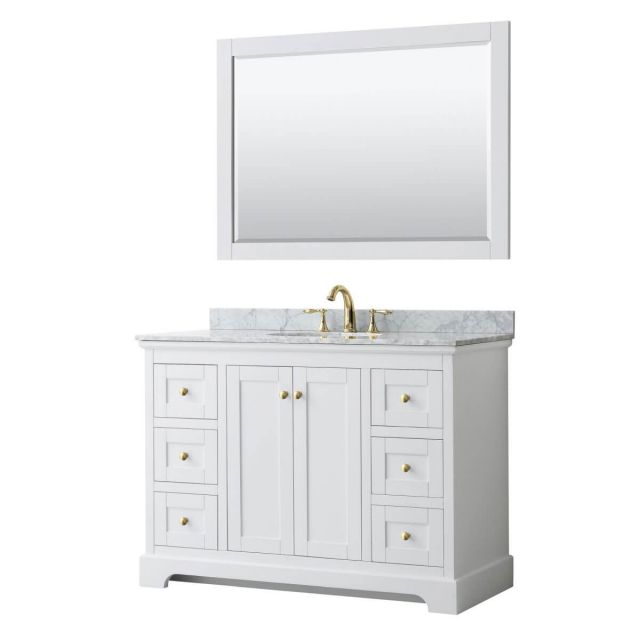 Wyndham Collection Avery 48 inch Single Bathroom Vanity in White with White Carrara Marble Countertop, Undermount Oval Sink, 46 inch Mirror and Brushed Gold Trim - WCV232348SWGCMUNOM46
