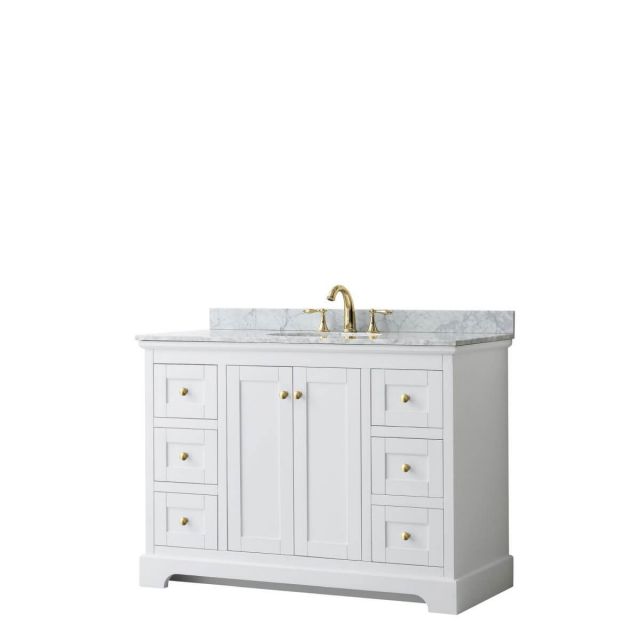 Wyndham Collection Avery 48 inch Single Bathroom Vanity in White with White Carrara Marble Countertop, Undermount Oval Sink and Brushed Gold Trim - WCV232348SWGCMUNOMXX