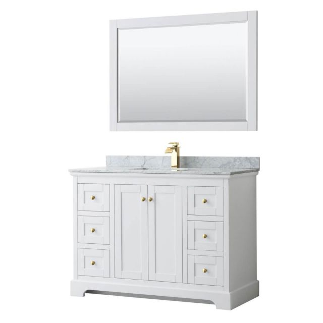 Wyndham Collection Avery 48 inch Single Bathroom Vanity in White with White Carrara Marble Countertop, Undermount Square Sink, 46 inch Mirror and Brushed Gold Trim - WCV232348SWGCMUNSM46