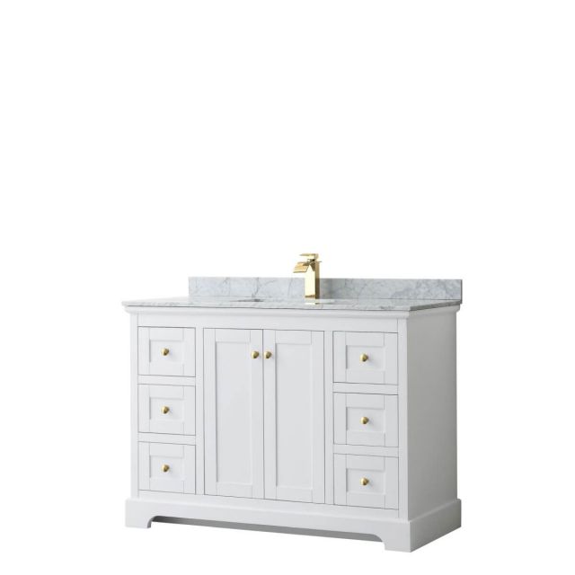 Wyndham Collection Avery 48 inch Single Bathroom Vanity in White with White Carrara Marble Countertop, Undermount Square Sink and Brushed Gold Trim - WCV232348SWGCMUNSMXX