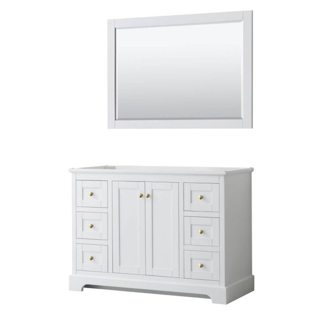 Wyndham Collection Avery 48 inch Single Bathroom Vanity in White with 46 inch Mirror, Brushed Gold Trim, No Countertop and No Sinks - WCV232348SWGCXSXXM46