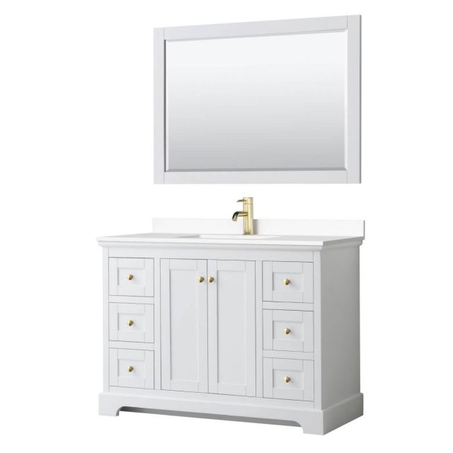 Wyndham Collection Avery 48 inch Single Bathroom Vanity in White with White Cultured Marble Countertop, Undermount Square Sink, 46 inch Mirror and Brushed Gold Trim - WCV232348SWGWCUNSM46