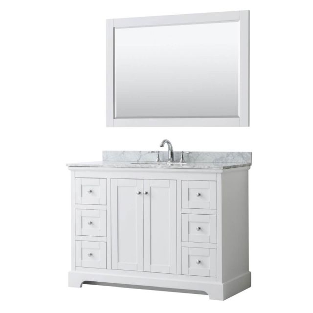 Wyndham Collection Avery 48 inch Single Bathroom Vanity in White with White Carrara Marble Countertop, Undermount Oval Sink and 46 inch Mirror - WCV232348SWHCMUNOM46