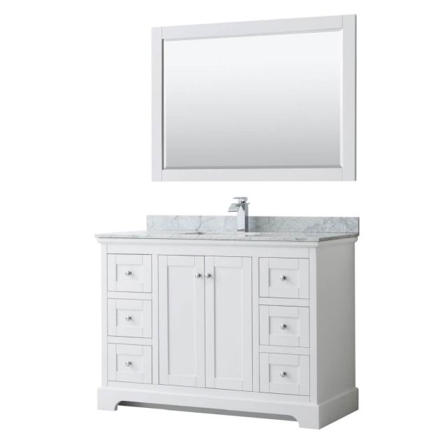 Wyndham Collection Avery 48 inch Single Bathroom Vanity in White with White Carrara Marble Countertop, Undermount Square Sink and 46 inch Mirror - WCV232348SWHCMUNSM46