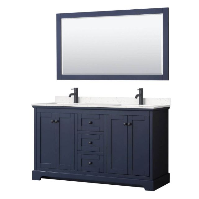 Wyndham Collection Avery 60 inch Double Bathroom Vanity in Dark Blue with Light-Vein Carrara Cultured Marble Countertop, Undermount Square Sinks, Matte Black Trim and 58 Inch Mirror WCV232360DBBC2UNSM58
