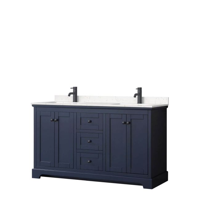 Wyndham Collection Avery 60 inch Double Bathroom Vanity in Dark Blue with Light-Vein Carrara Cultured Marble Countertop, Undermount Square Sinks and Matte Black Trim WCV232360DBBC2UNSMXX