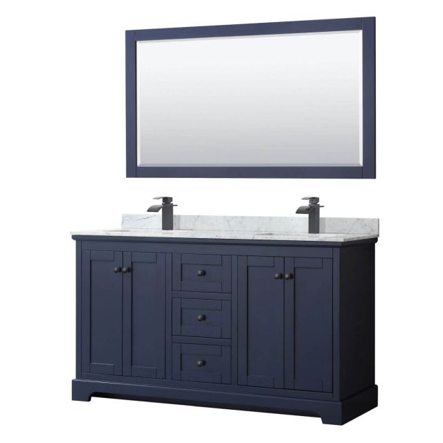 Wyndham Collection Avery 60 inch Double Bathroom Vanity in Dark Blue with White Carrara Marble Countertop, Undermount Square Sinks, Matte Black Trim and 58 Inch Mirror WCV232360DBBCMUNSM58