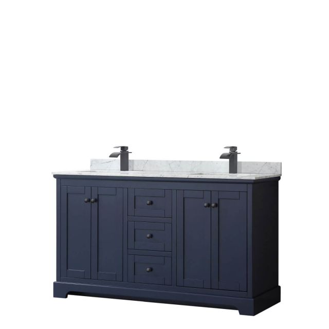 Wyndham Collection Avery 60 inch Double Bathroom Vanity in Dark Blue with White Carrara Marble Countertop, Undermount Square Sinks and Matte Black Trim WCV232360DBBCMUNSMXX