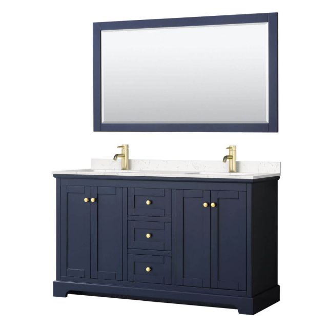 Wyndham Collection Avery 60 inch Double Bathroom Vanity in Dark Blue with Light-Vein Carrara Cultured Marble Countertop, Undermount Square Sinks and 58 inch Mirror - WCV232360DBLC2UNSM58