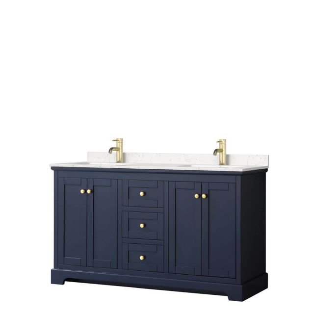 Wyndham Collection Avery 60 inch Double Bathroom Vanity in Dark Blue with Light-Vein Carrara Cultured Marble Countertop, Undermount Square Sinks and No Mirror - WCV232360DBLC2UNSMXX